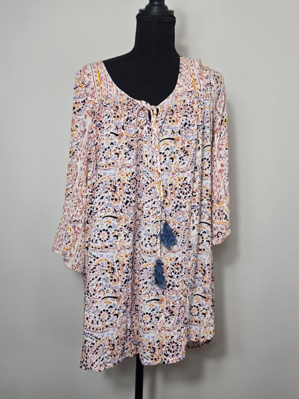 Boho Paisley Print Tunic Dress with Tassels Size M